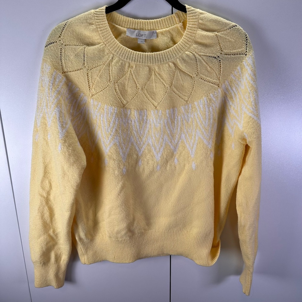LOFT Women's Sz Lg Butter Yellow Knit Sweater White Geometric Pattern‎ Crew Neck